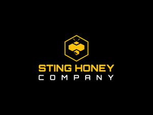 Sting Honey Company Logo stylized yellow bee with honeycomb hexagon wings and negative space stripes on a black field surrounded by a yellow hexagon